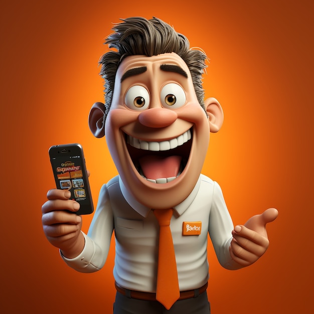 View of smiling 3d man using smartphone