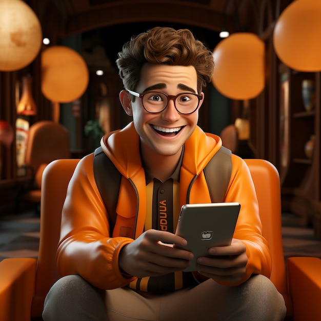 View of smiling 3d man using tablet