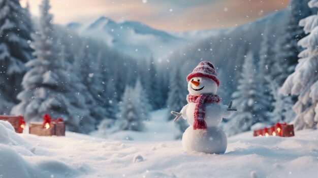 View of snowman with winter landscape and snow