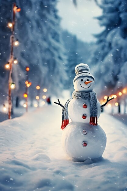 View of snowman with winter landscape and snow