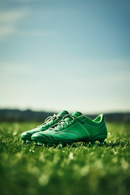 View of soccer shoes on the field grass