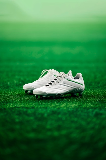 View of soccer shoes on the field grass