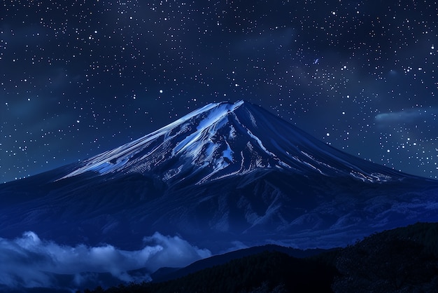 View of starry night sky with nature and mountains landscape