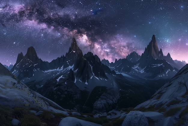 View of starry night sky with nature and mountains landscape