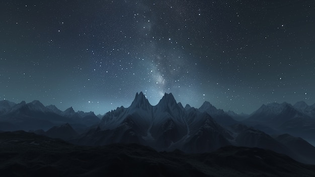 View of starry night sky with nature and mountains landscape