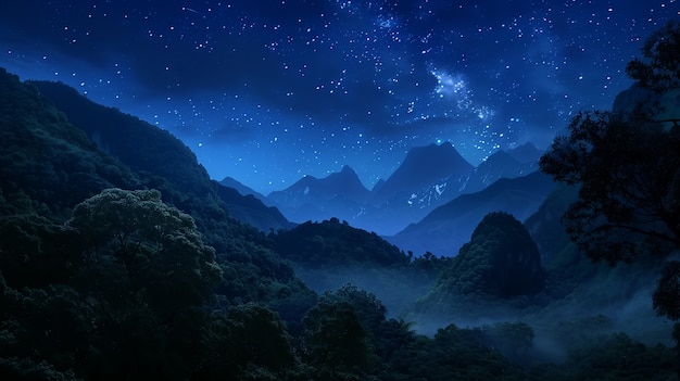 View of starry night sky with nature and mountains landscape