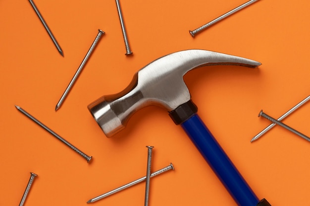 View of steel hammer for construction work with nails