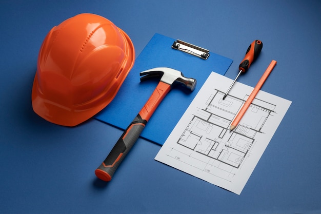 Free Photo view of steel hammer with other construction elements and tools