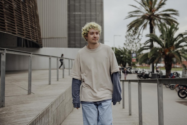 View of stylish man walking in the city