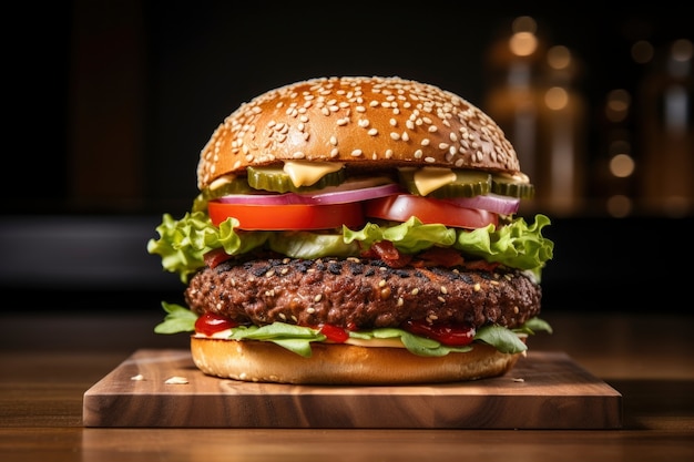 View of tasty burger with cheese and meat