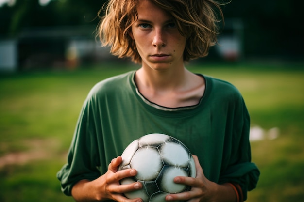 View of teenage soccer player with ball