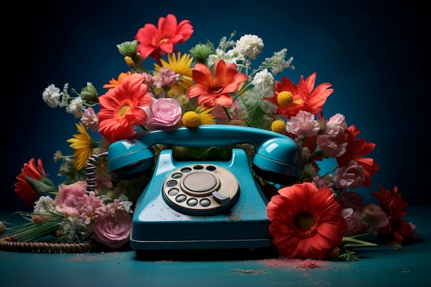 Free photo view of telephone with blossoming spring flowers