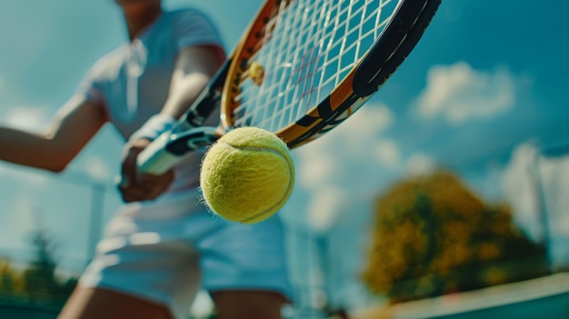 View of tennis racket hitting ball