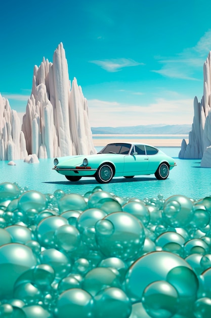 Free photo view of three-dimensional car with abstract spheres background