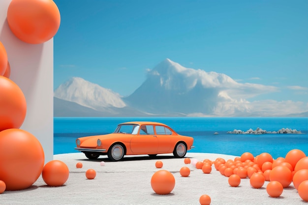 Free photo view of three-dimensional car with abstract spheres background