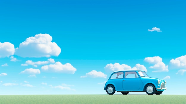 View of three-dimensional car with grass and sky