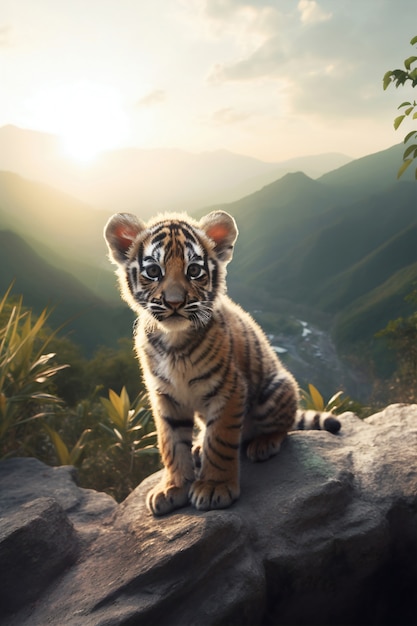 Free Photo view of tiger cub in the wild