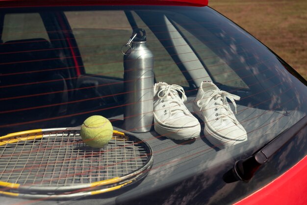 View of travel items inside car ready for trip