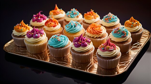 View of tray filled with delicious and sweet cupcake desserts