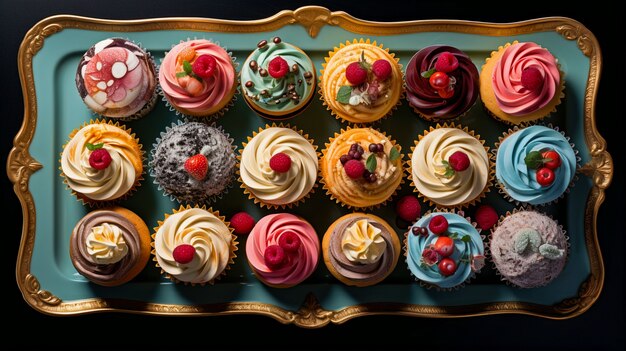 View of tray filled with delicious and sweet cupcake desserts