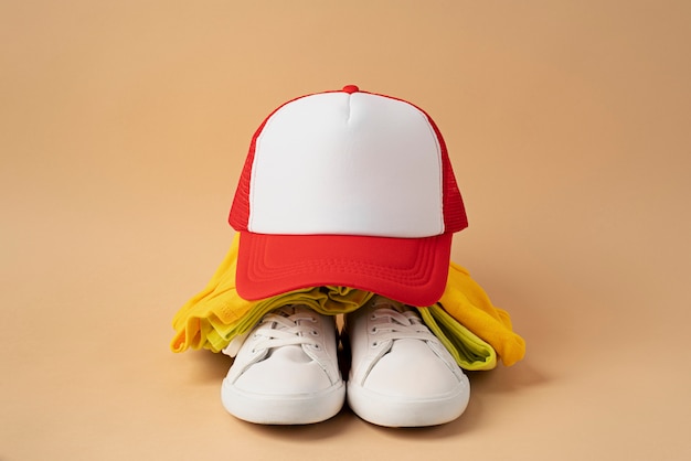 View of trucker hat with clothes and sneaker