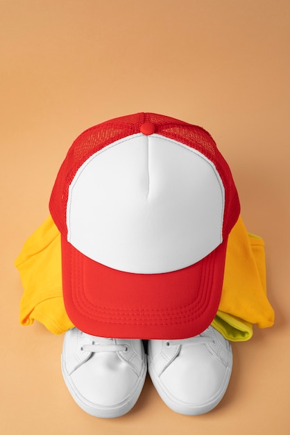 Free photo view of trucker hat with clothes and sneaker