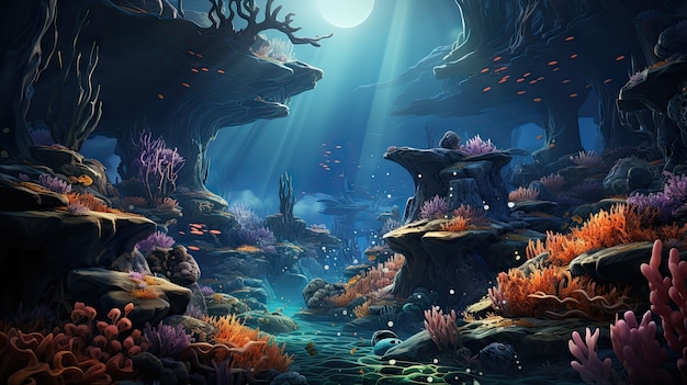 View of underwater sea life in cartoon style