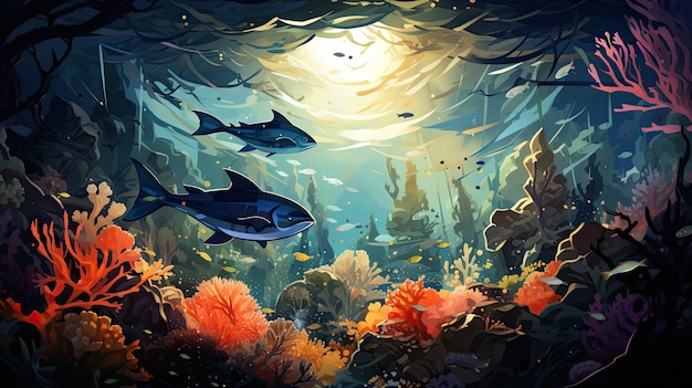 Free photo view of underwater sea life in cartoon style