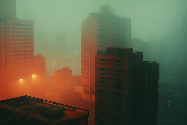 View of urban dark city with fog