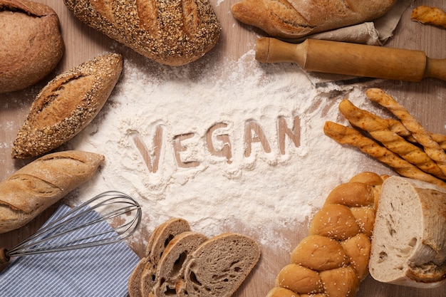 Free photo above view vegan baked products arrangement