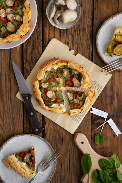 View of vegan pizza done with vegetables by bakery