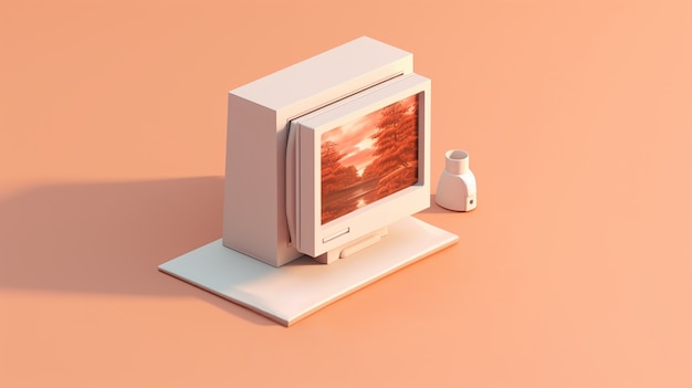 View of vintage computer with simple background