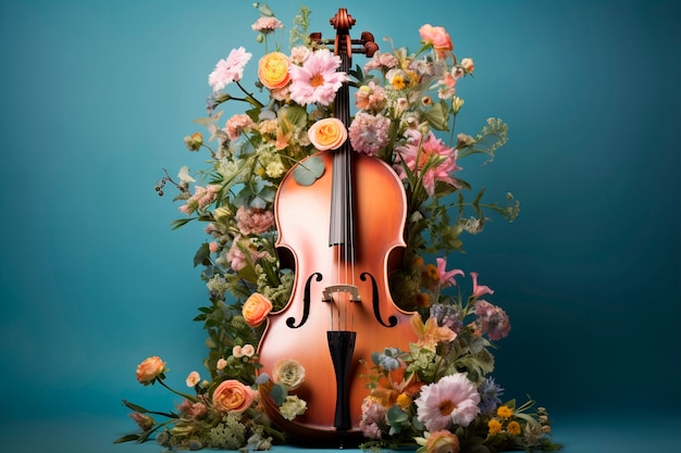 View of violin with blossoming spring flowers