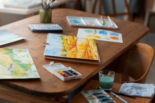 Free photo view of watercolor art in the studio