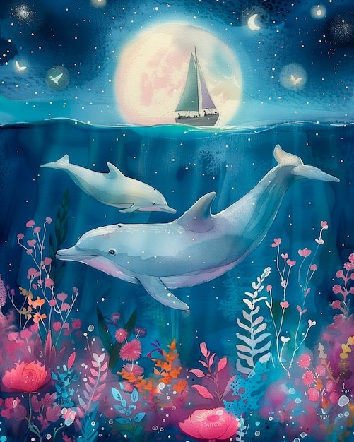 View of watercolor dolphin