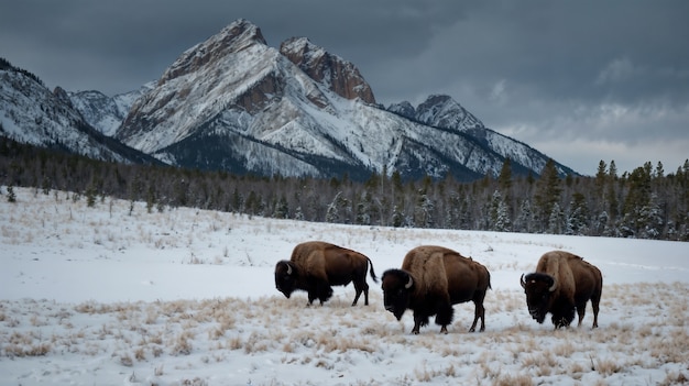 Free photo view of wild bison in its habitat during a winter day