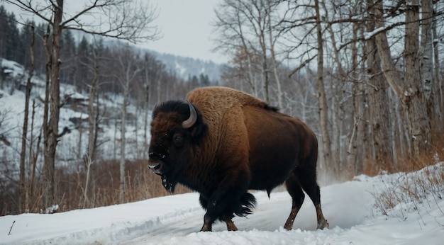 Free photo view of wild bison in its habitat during a winter day