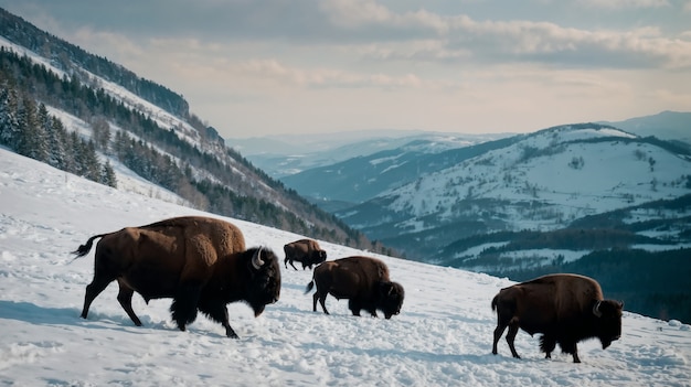 Free photo view of wild bison in its habitat during a winter day