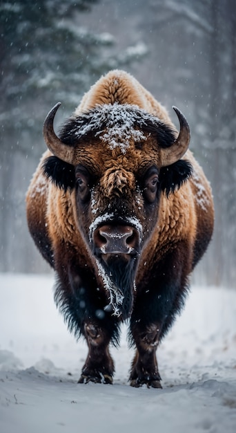 Free photo view of wild bison in its habitat during a winter day