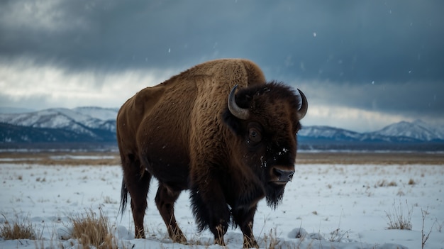 View of wild bison in its habitat during a winter day