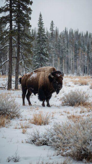 View of wild bison in its habitat during a winter day