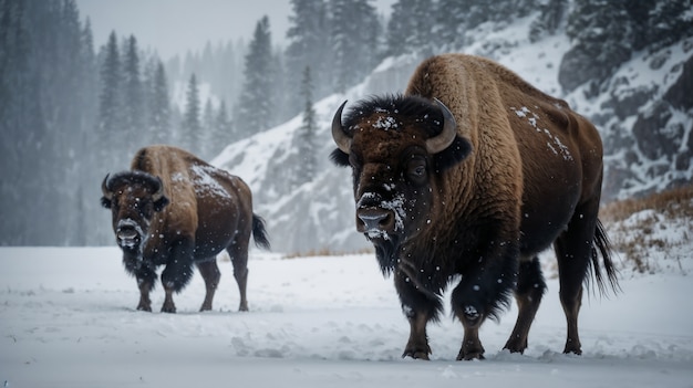 View of wild bison in its habitat during a winter day