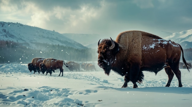 View of wild bison in its habitat during a winter day