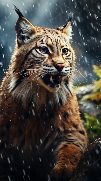 Free Photo view of wild bobcat in rain