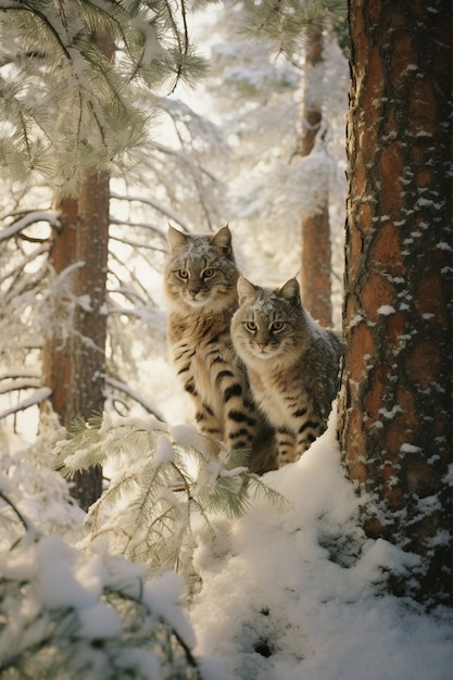 Free photo view of wild bobcat with snow in winter