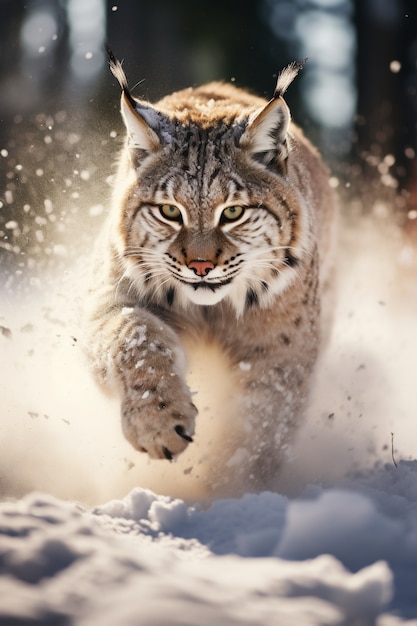 View of wild bobcat with snow in winter