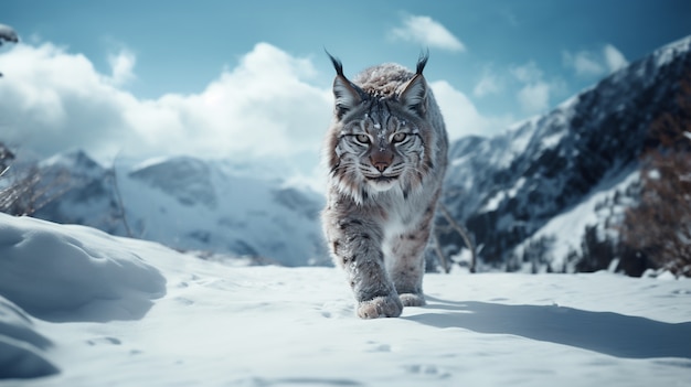 View of wild bobcat with snow in winter