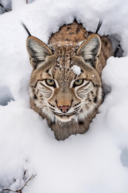 View of wild bobcat with snow in winter