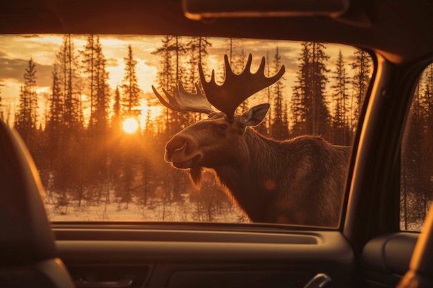 View of wild elk from car window