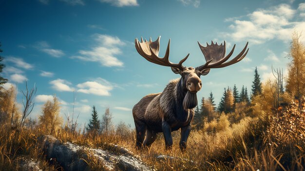 View of wild elk roaming in nature landscape